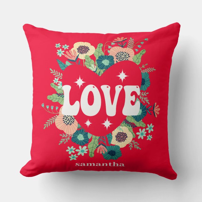 Retro Blommigt Heart Kärlek Red Valentine Day Kudde (Framsida)