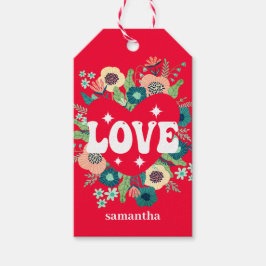 Retro Blommigt Heart Kärlek Red Valentine Day Presentetikett