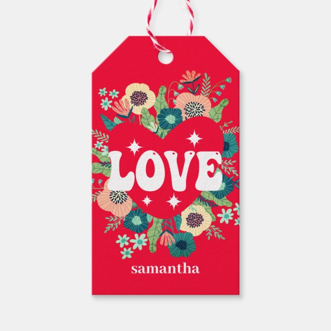 Retro Blommigt Heart Kärlek Red Valentine Day Presentetikett (Framsidan)