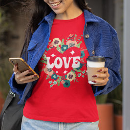 Retro Blommigt Heart Kärlek Red Valentine Day T Shirt