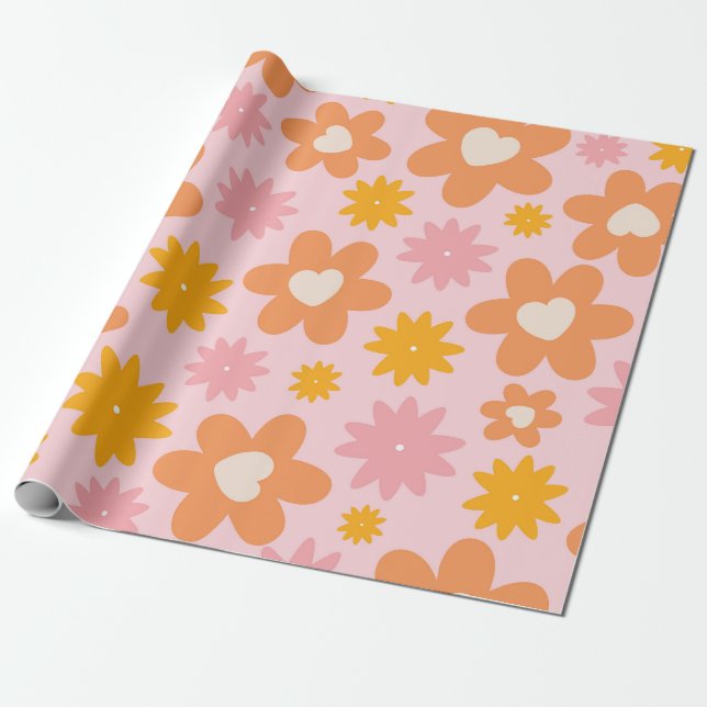 Retro Blommigt Heart Mönster Presentpapper (Utrullad)