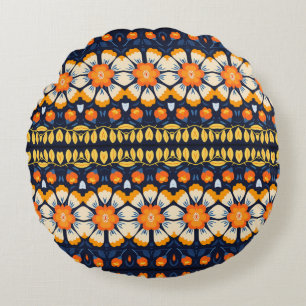 Retro Blommigt Illustration i Orange Rund Kudde