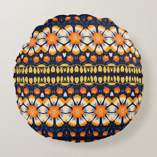 Retro Blommigt Illustration i Orange Rund Kudde (Framsidan)