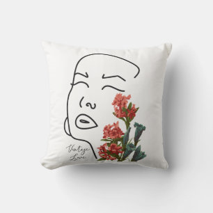 Retro blommigt kvinna ansikte en linje teckning bl kudde