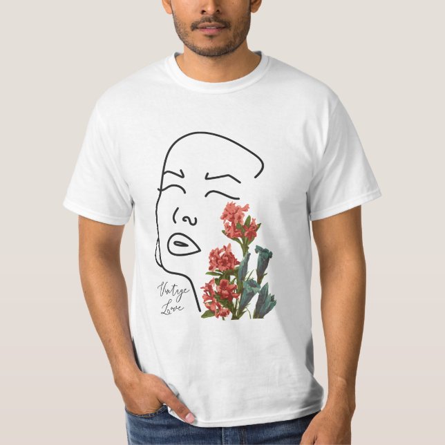 Retro blommigt kvinna ansikte en linje teckning bl t shirt (Framsida)