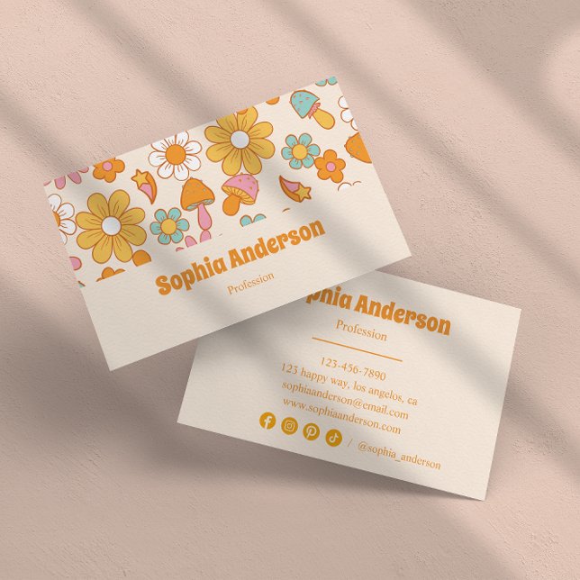 Retro Blommigt & Mushroom Cute Boho Visitkort (Skapare uppladdad)