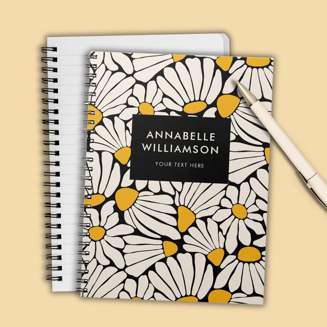 Retro Blommigt Mustard Gult Black Anteckningsbok (Retro floral daisy dream notebook)
