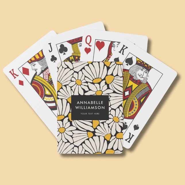 Retro Blommigt Mustard Gult Black Casinokort (Retro floral playing cards in yellow/cream boho floral on black. Personalize with your own name/text)