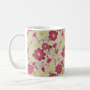 Retro Blommigt och Birds Sketch Mönster Kaffemugg