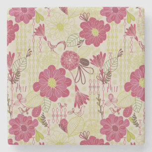 Retro Blommigt och Birds Sketch Mönster Stenunderlägg