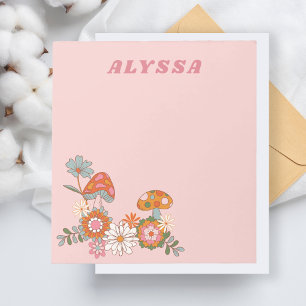 Retro Blommigt och Mushroom Modern Pastel Rosa Anteckningsblock