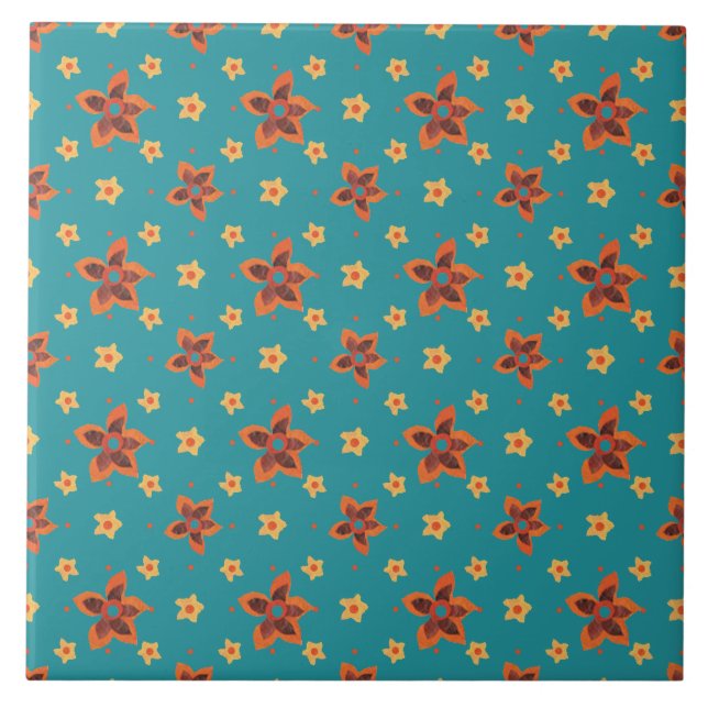 Retro Blommigt och Polka dots, teal Ceramic Tile Kakelplatta (Framsidan)