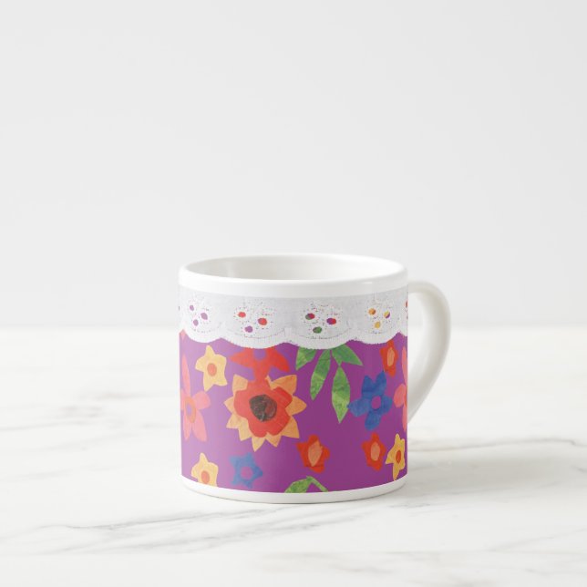Retro Blommigt om Magenta, Faux Snöre Espresso Mug Espressomugg (Framsida höger)