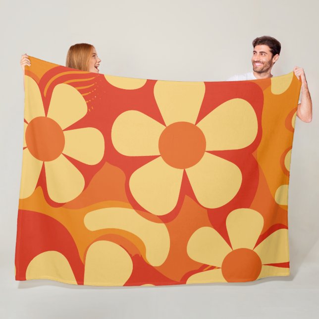 Retro Blommigt Orange och Gult Mönster Fleecefilt (På plats)