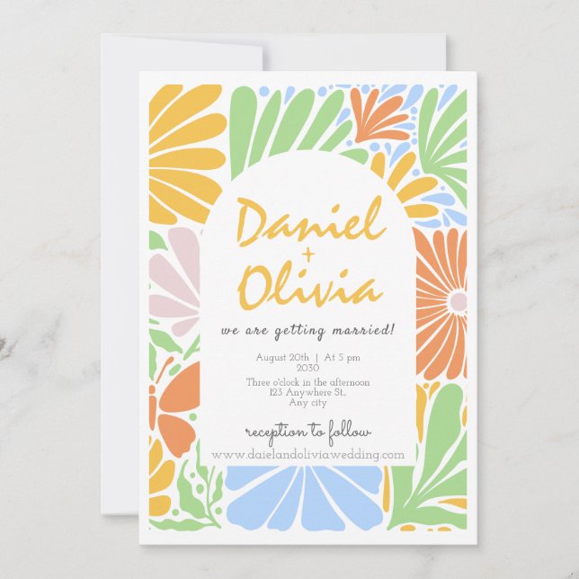 Retro Blommigt Ram Colorful Bröllop Inbjudningar (Framsida)