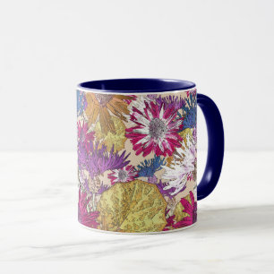 Retro, blommigt, rödblommor, bouquet, blåa blommor mugg