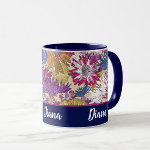Retro, blommigt, rödblommor, bouquet, blåa blommor mugg