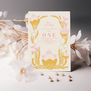 Retro Blommigt Rosa Guld 1:a födelsedag Inbjudningar