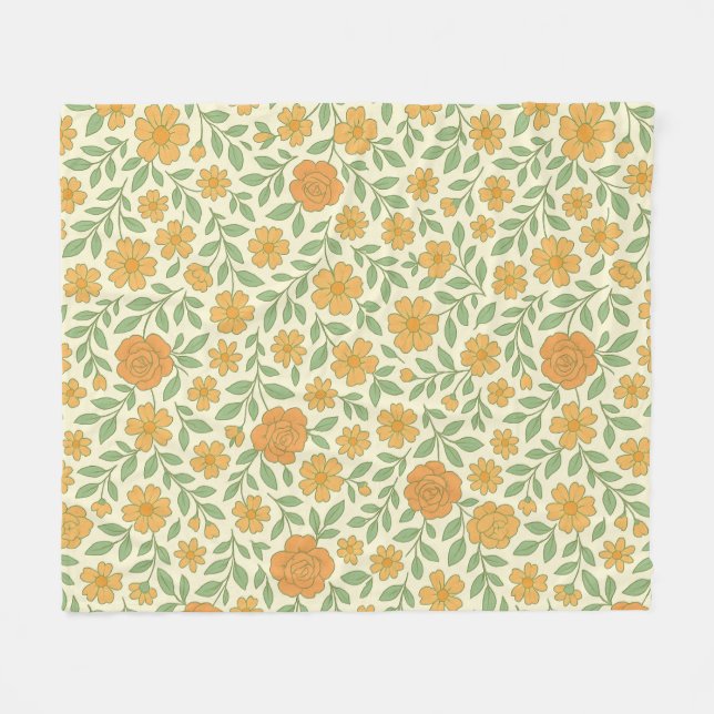 Retro Blommigt Sömlöst Mönster - Orange och Gult Fleecefilt (Framsidan (Horisontell))