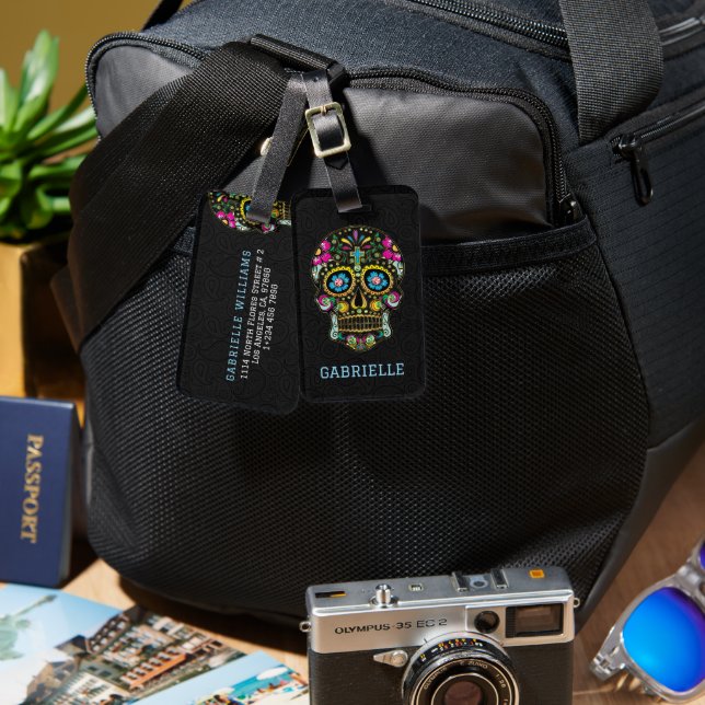Retro Blommigt Sugar Skull Black Paisley Backgroun Bagagebricka (Fram & Baksida)