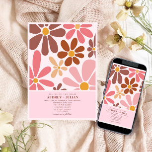 Retro Blommigt Terracotta Rosa Bröllop Inbjudningar