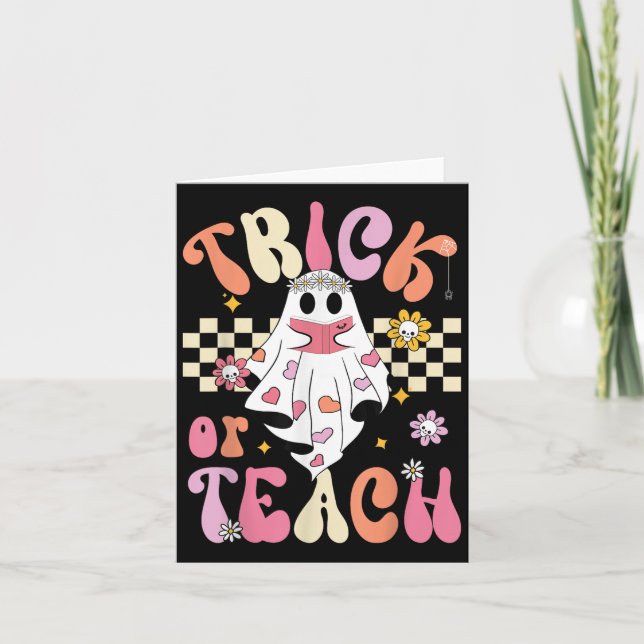 Retro Blommigt Trick eller Teach Cute Ghost Hallow Kort (Framsida)