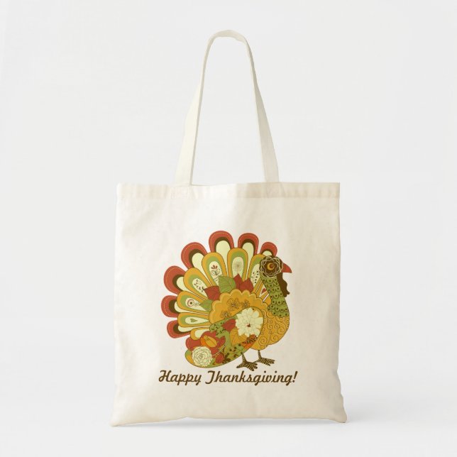 RETRO BLOMMIGT TURKEY HAPPY THANKSGIVING FAVOR BAG TYGKASSE (Framsidan)