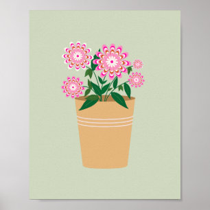 Retro Blommigt Vas Pastel-Grönt Poster