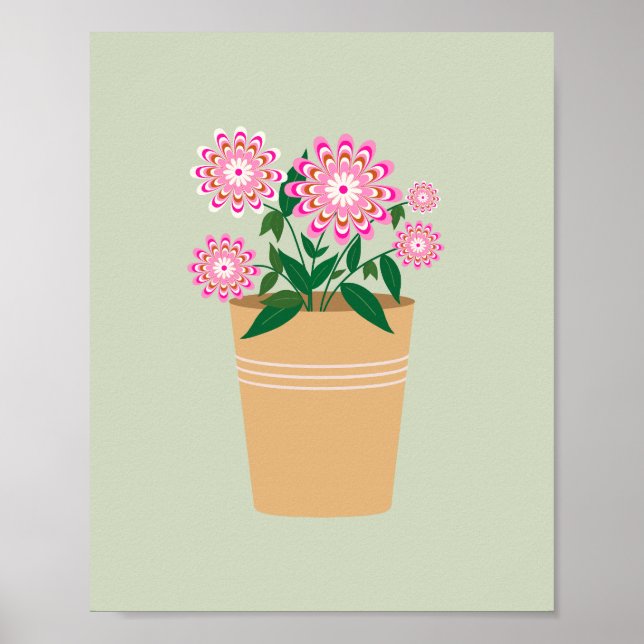 Retro Blommigt Vas Pastel-Grönt Poster (Framsidan)
