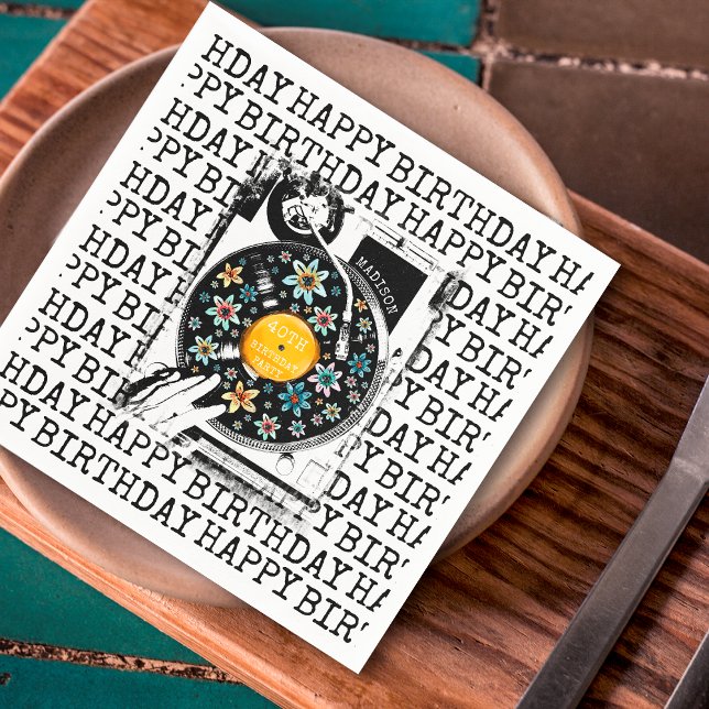 Retro Blommigt Vinyl Grattis på födelsedagen Perso Pappersservett (Skapare uppladdad)