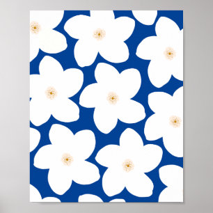 Retro Blommigt vit på Blåa blommor Poster