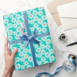 Retro-Blommigtar för Daisy på Aqua Grönt Wrapping Presentpapper