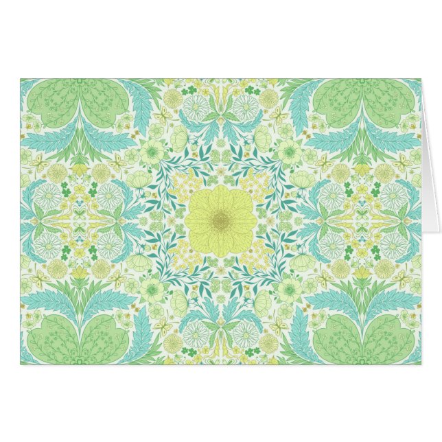 Retro-blommigtar i grönt och gult hälsningskort (Framsidan Horizontal)