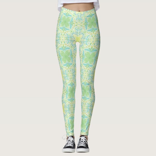Retro-blommigtar i grönt och gult leggings (Framsida)