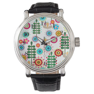 Retro, blommigtens återcirkel armbandsur