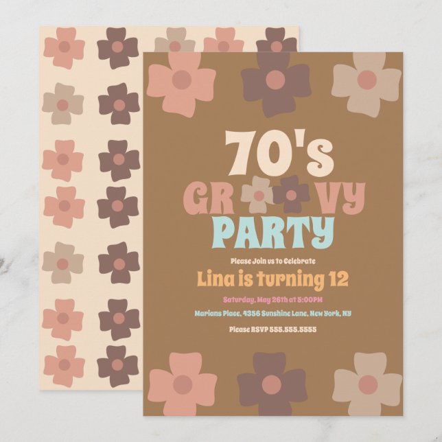 Retro Blommigts Groovy Bohemian Birthday Inbjudningar (Fram/baksida)