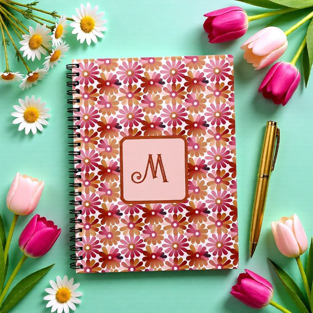 Retro blommonogram – Rosa & Bruna Blommor Anteckningsbok (Retro Floral Monogram – Pink & Brown Flowers Notebook)
