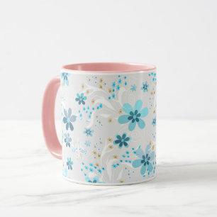 Retro, blommönster, blått, grått mugg