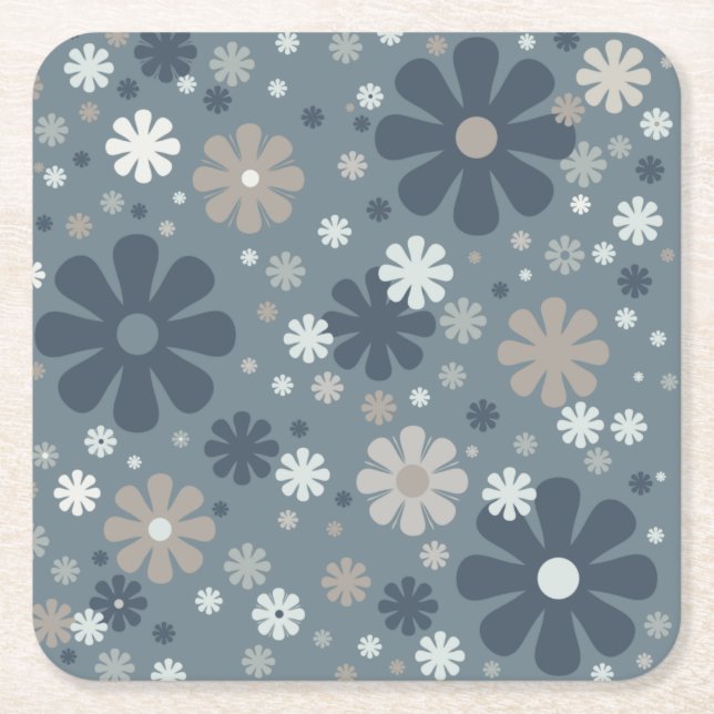 Retro-Blommönster i stålblått Underlägg Papper Kvadrat (Framsidan)