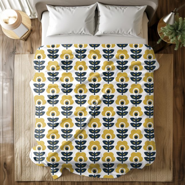 Retro blommönster Navy och Senapsgul Fleecefilt (Skapare uppladdad)