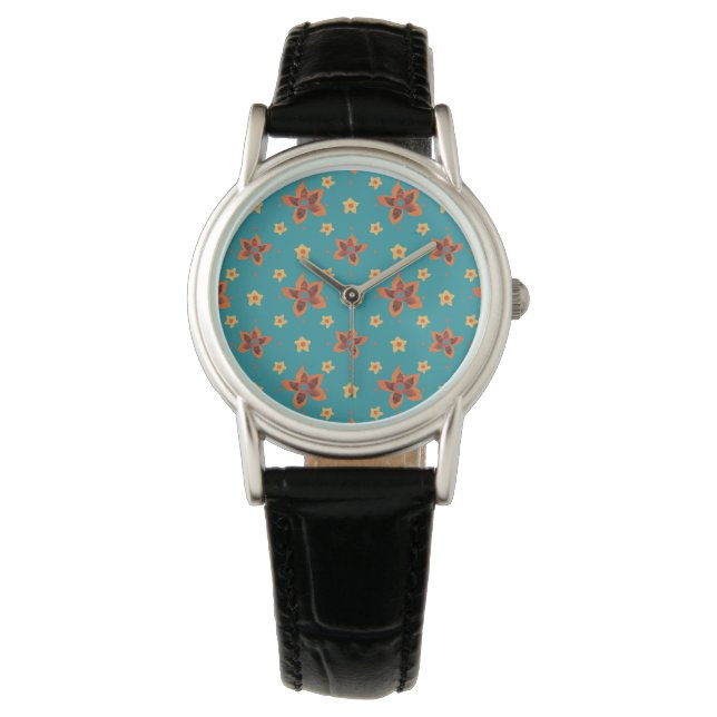 Retro blommönster och prickar på turkos armbandsur (Framsida)