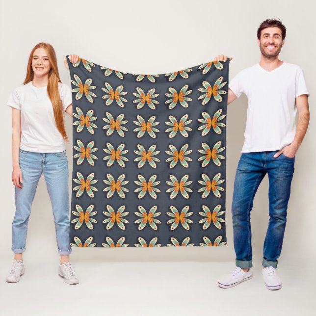 Retro blommönster orange marinblå abstrakt mönster fleecefilt (På plats)