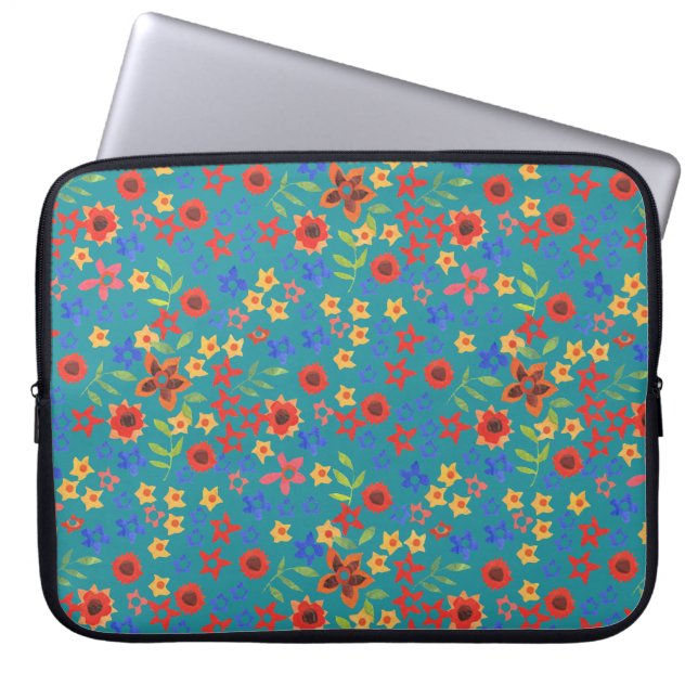 Retro blommönster på tealblå fodral för bärbar dat (Framsidan)