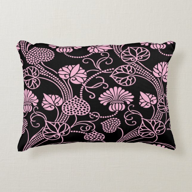 Retro blommönster Rosa på Svart Prydnadskudde (Framsidan)