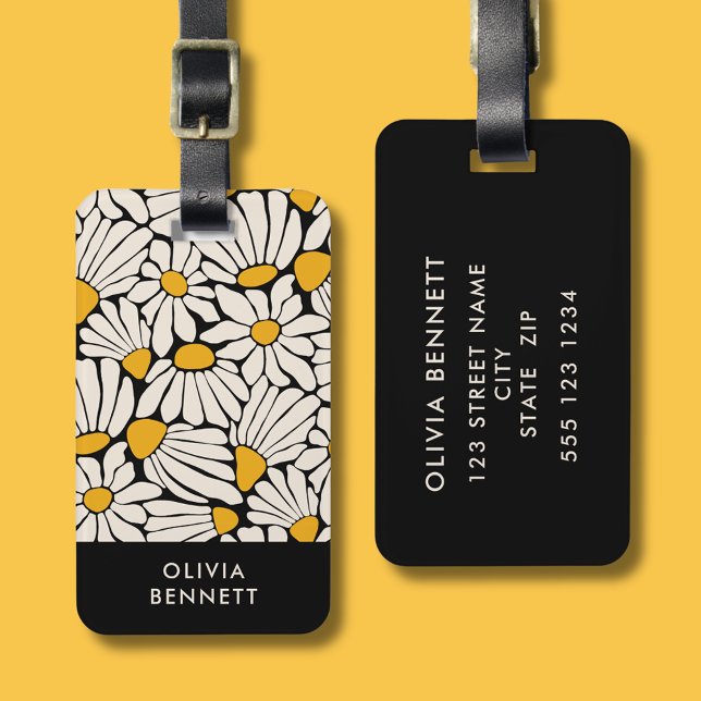 Retro blommönster svart gul blocktryck bagagebricka (Stylish retro floral modern luggage tag with cream + yellow mosaic flowers on black background.)