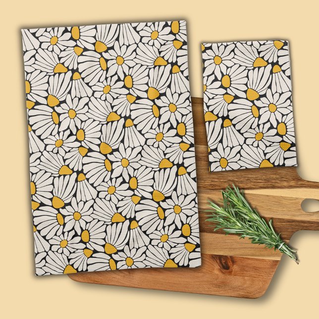 Retro blommönster svart gul blocktryck kökshandduk (Retro floral daisy dream kitchen towel.)