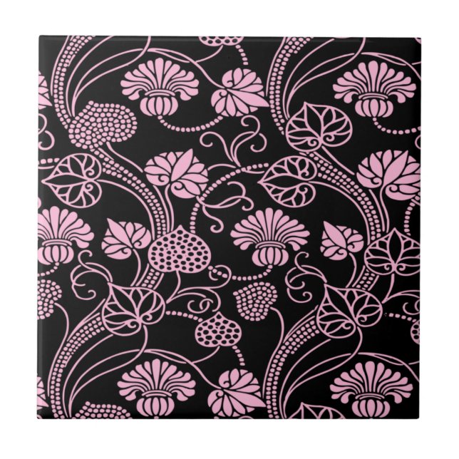 Retro-Blommönstrets Rosa på svart Kakelplatta (Framsidan)