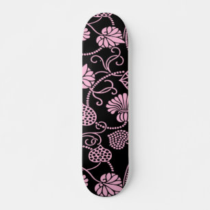 Retro-Blommönstrets Rosa på svart Mini Skateboard Bräda 18,5 Cm