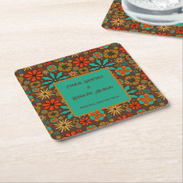 Retro blommor Brun Teal Röd blom- groovy 60-tal Underlägg Papper Kvadrat