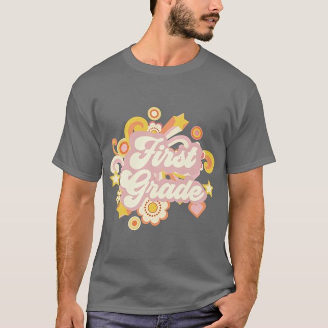 Retro blommor Första 1:a Klasslärare Presentidé ro T Shirt (Framsida)